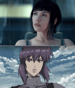 Top, Scarlett Johansson as Major; bottom, Major Motoko in the original anime. Credit: top, Dreamworks Pictures; bottom, Kodansha.